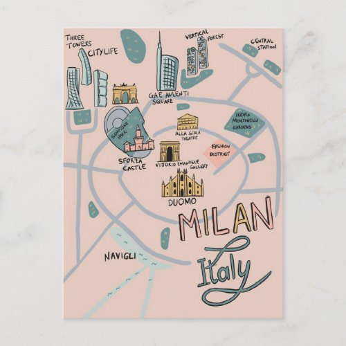 Illustrated map of Milan City _ Italy Postcard