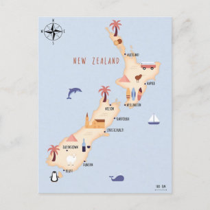 Illustrated map of New Zealand Postcard