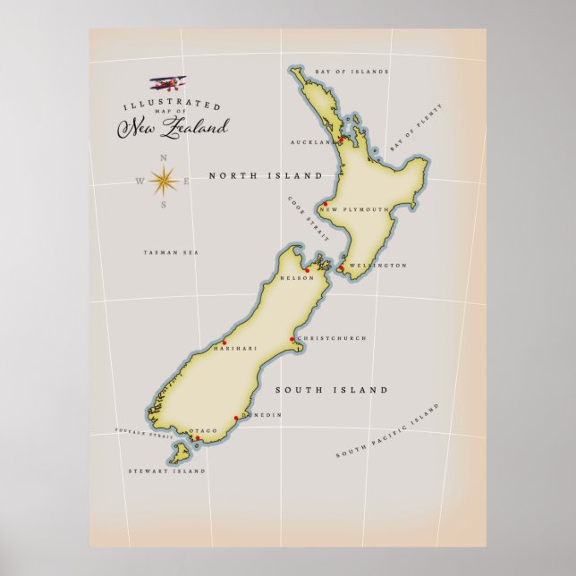 Illustrated map of New Zealand Poster (Front)