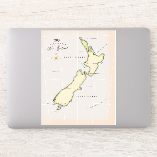 Illustrated map of New Zealand Sticker (Computer)