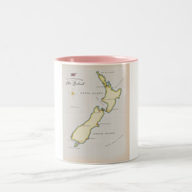 Illustrated map of New Zealand Two-Tone Coffee Mug (Center)