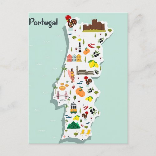 Illustrated Map of Portugal Postcard