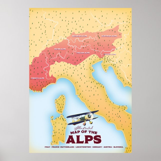 Illustrated map Of the Alps Poster (Front)