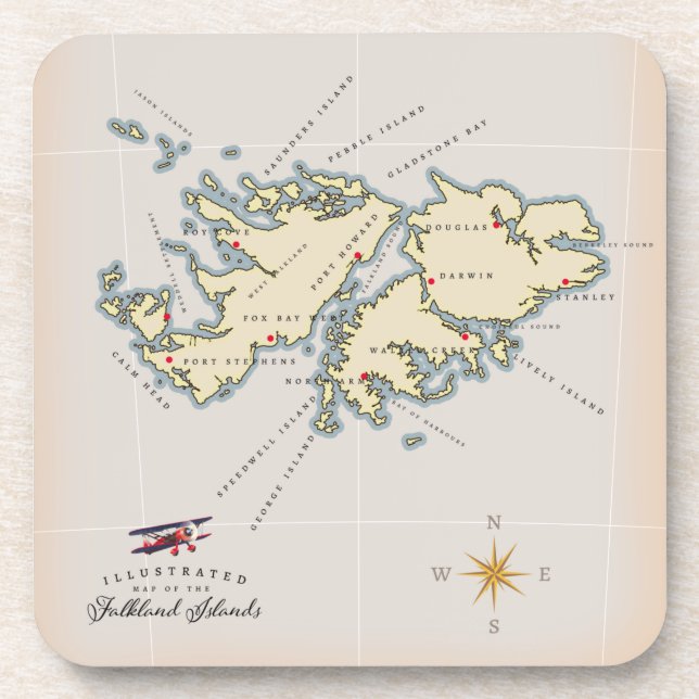 Illustrated map of the Falkland Islands. Beverage Coaster (Front)