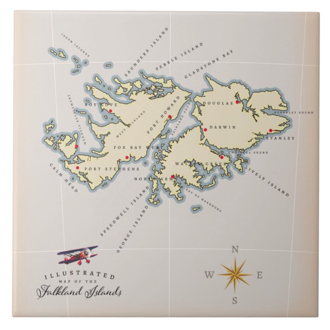 Illustrated map of the Falkland Islands. Ceramic Tile (Front)