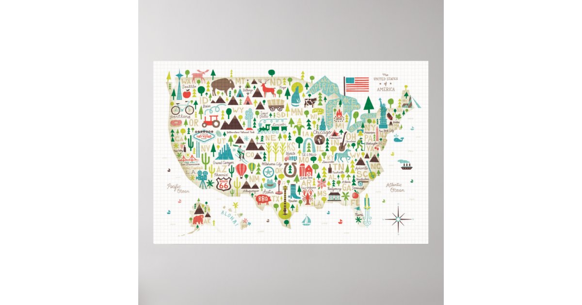 Illustrated Map Of The Usa Poster 