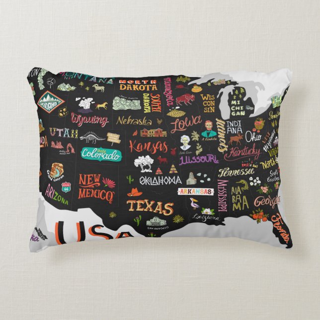 Illustrated map of the USA. Poster with states and Accent Pillow (Front)