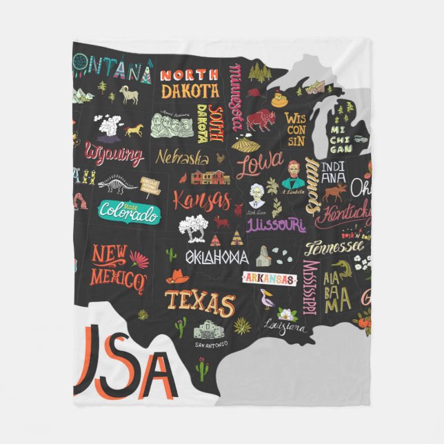 Illustrated map of the USA. Poster with states and Fleece Blanket (Front)