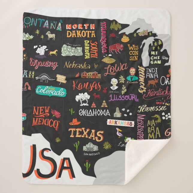 Illustrated map of the USA. Poster with states and Sherpa Blanket (Front)