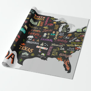 Illustrated map of the USA. Poster with states and Wrapping Paper