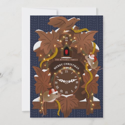 Illustrated Mice on Christmas Cuckoo Clock Blue Holiday Card