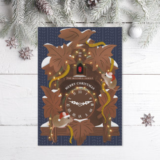 Illustrated Mice on Christmas Cuckoo Clock Blue Holiday Card
