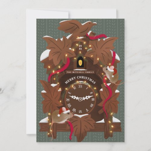Illustrated Mice on Christmas Cuckoo Clock Holiday Card