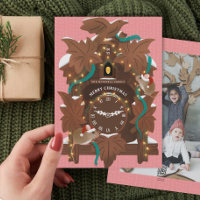 Illustrated Mice on Christmas Cuckoo Clock Pink Holiday Card