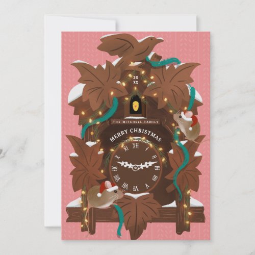 Illustrated Mice on Christmas Cuckoo Clock Pink Holiday Card