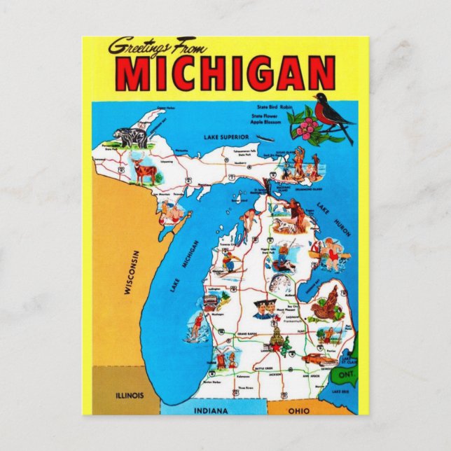 Illustrated Michigan Map Postcard (Front)