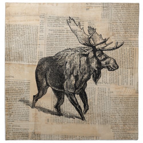 Illustrated Moose Art with Newspaper Text Style Cloth Napkin