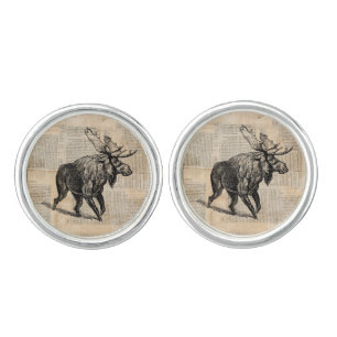 Illustrated Moose Art with Newspaper Text Style Cufflinks