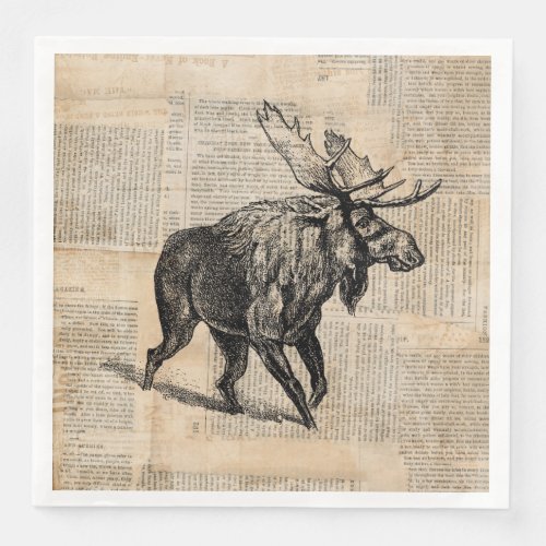 Illustrated Moose Art with Newspaper Text Style Paper Dinner Napkins
