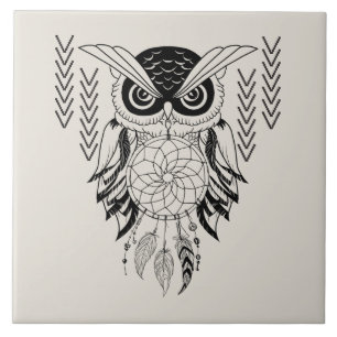 Illustrated Owl with dream catcher Ceramic Tile