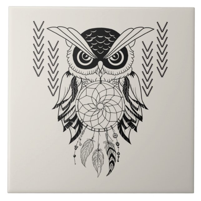 Illustrated Owl with dream catcher Ceramic Tile (Front)