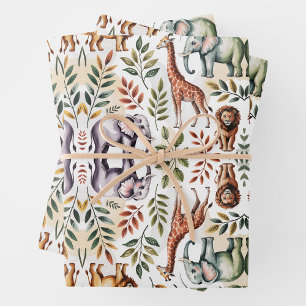 Illustrated pattern featuring elephants, lions wrapping paper sheets
