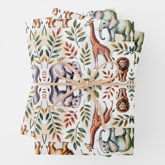 Illustrated pattern featuring elephants, lions wrapping paper sheets (Creator Uploaded)