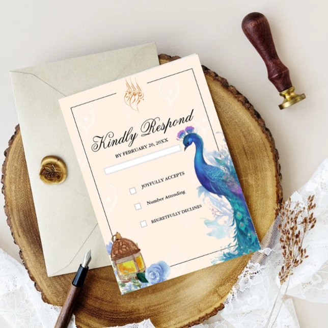 Illustrated Peacock Arabian Muslim RSVP cards (illustrated peacock muslim rsvp wedding card)