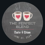 Illustrated Perfect Blend Heart Mugs Favor Classic Round Sticker<br><div class="desc">A sweet pair of illustrated steaming mugs of rich dark coffee,  tea or hot chocolate decorate this charming shower or wedding favor sticker. Personalize all text including the for a truly one of a kind label.</div>