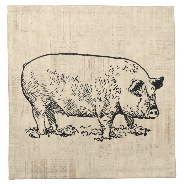 Illustrated Pig with Vintage Script Background Cloth Napkin (Front)