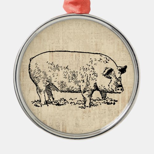 Illustrated Pig with Vintage Script Background Metal Ornament