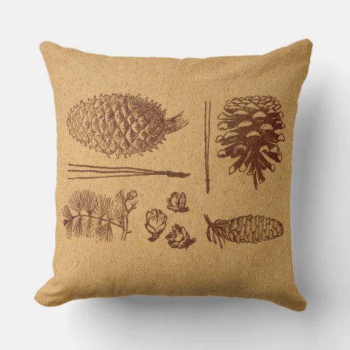 Illustrated Pine Cones Vintage Pinecone Art Throw Pillow