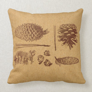 Illustrated Pine Cones Vintage Pinecone Art Throw Pillow