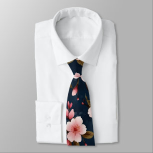 Illustrated Pink and Blue Cherry Blossom Pattern Neck Tie