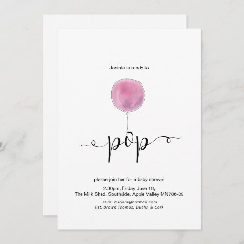 Illustrated Pink Balloon Ready to Pop Baby Shower Invitation
