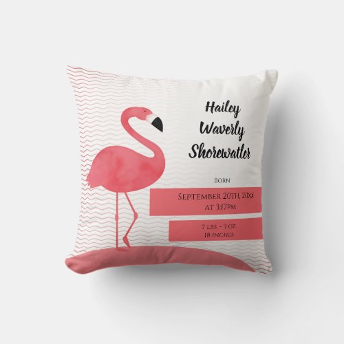 Illustrated Pink Flamingo Animal Birth Pillow Name