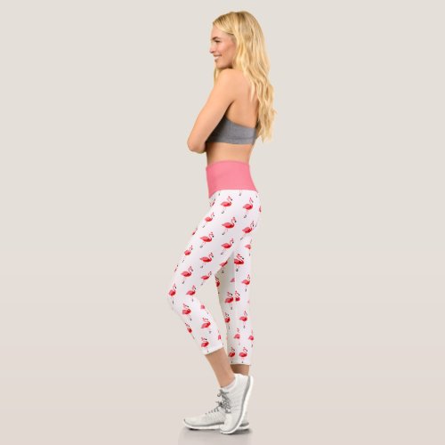 Illustrated Pink Flamingo Santa Christmas Capri Leggings