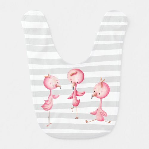 Illustrated Pink Flamingo Trio Grey Lines Pattern Baby Bib