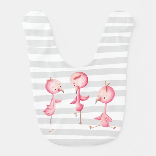 Illustrated Pink Flamingo Trio Grey Lines Pattern Baby Bib (Front)