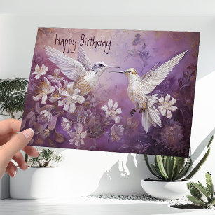Illustrated Pink Hummingbirds Floral birthday Card