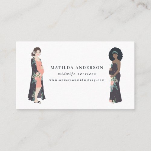 Illustrated pregnant mom colorful  floral midwife business card