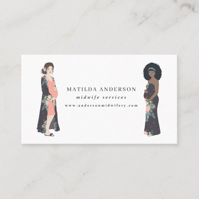Illustrated pregnant mom colorful + floral midwife business card (Front)
