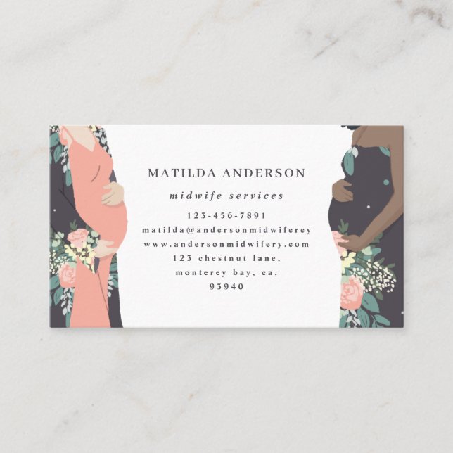 Illustrated prgenant mom colorful + floral midwife business card (Front)