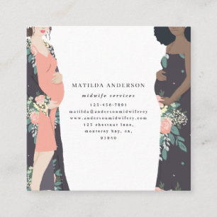 Illustrated prgenant mom colorful + floral midwife square business card