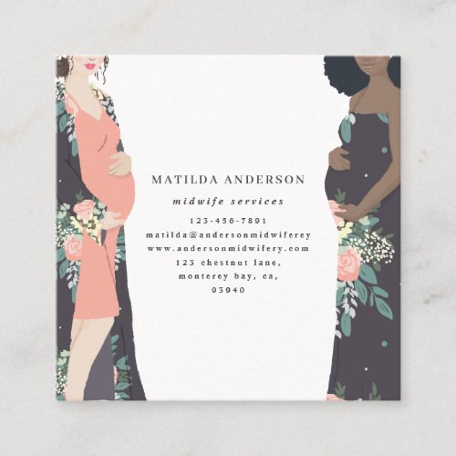 Illustrated prgenant mom colorful  floral midwife square business card