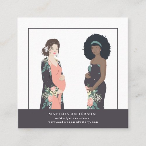 Illustrated prgenant mom colorful  floral midwife square business card