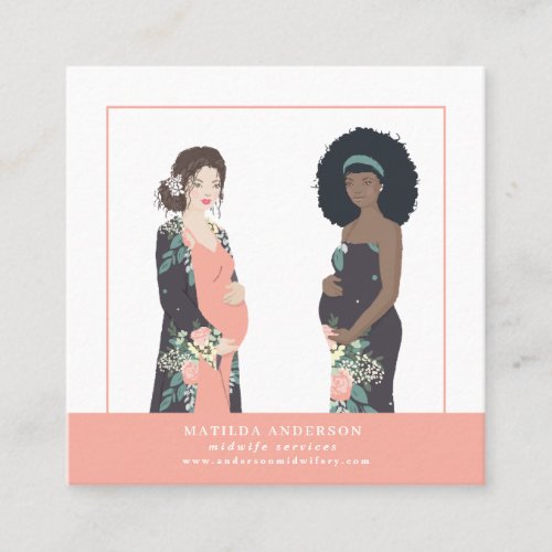 Illustrated prgenant mom colorful  floral midwife square business card