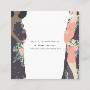 Illustrated prgenant mom colorful + floral midwife square business card