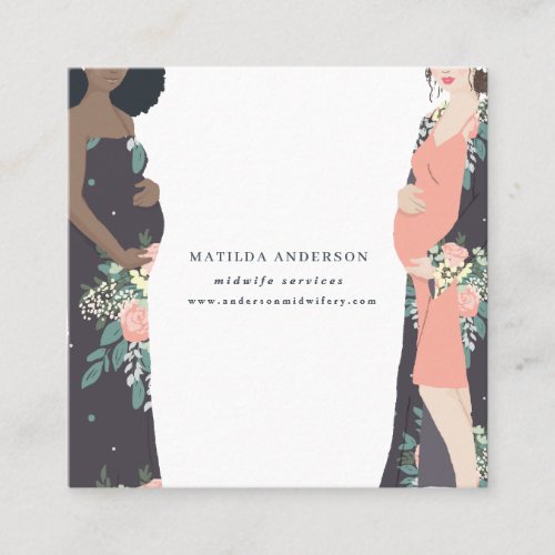 Illustrated prgenant mom colorful  floral midwife square business card