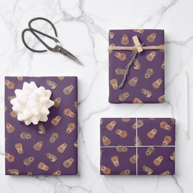 Illustrated Quokkas on Dark Purple Wrapping Paper Sheets (Front)